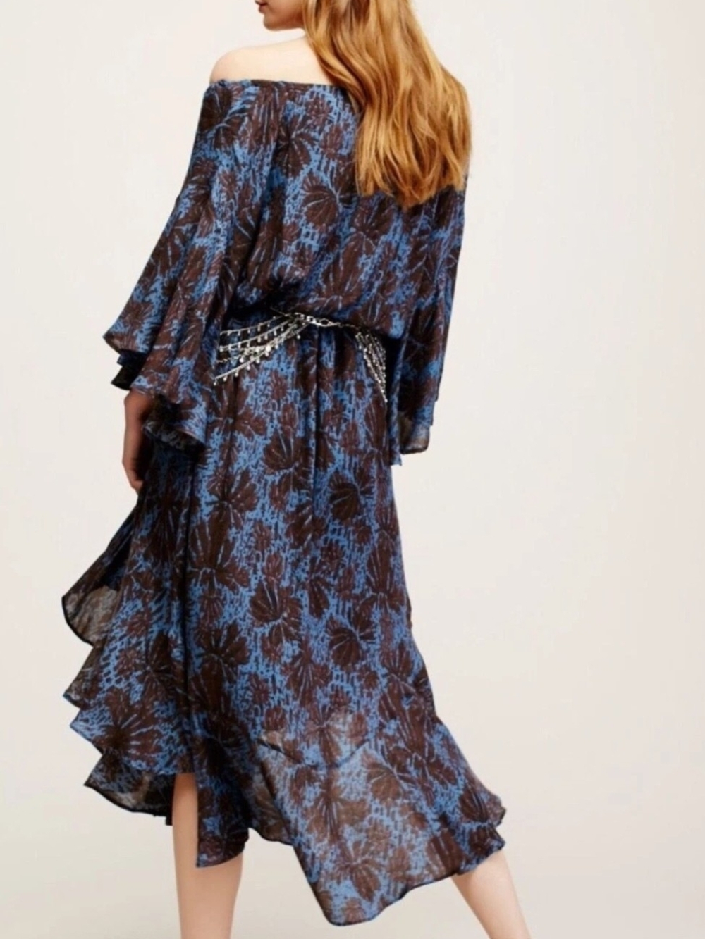 Free People "The Island Life" Off-Shoulder Blue & Brown Boho Maxi Dress - Picture 2 of 8